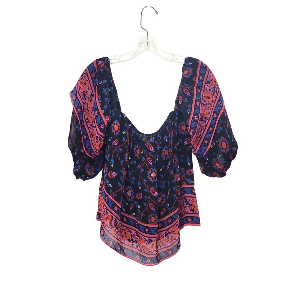 Joie Black Floral Cropped Silk Boho Peasant Blouse Top With Puff Sleeves Size M - Picture 5 of 7